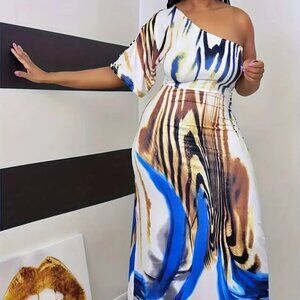 Women Plus Size One Shoulder Long Vibrant Print Flattering Maxi Summer Dress 18W